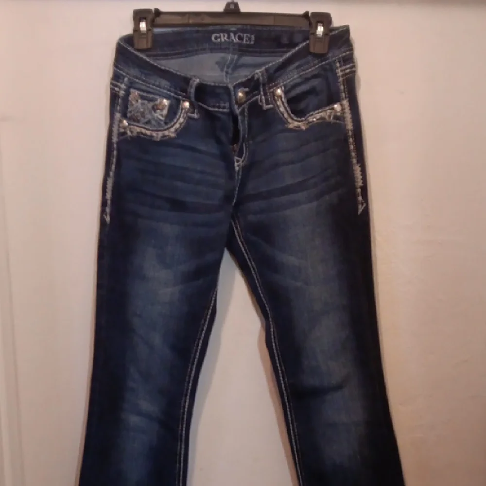 Grace in LA Dark Blue Embellished Boot Cut Jeans - Picture 3 of 3